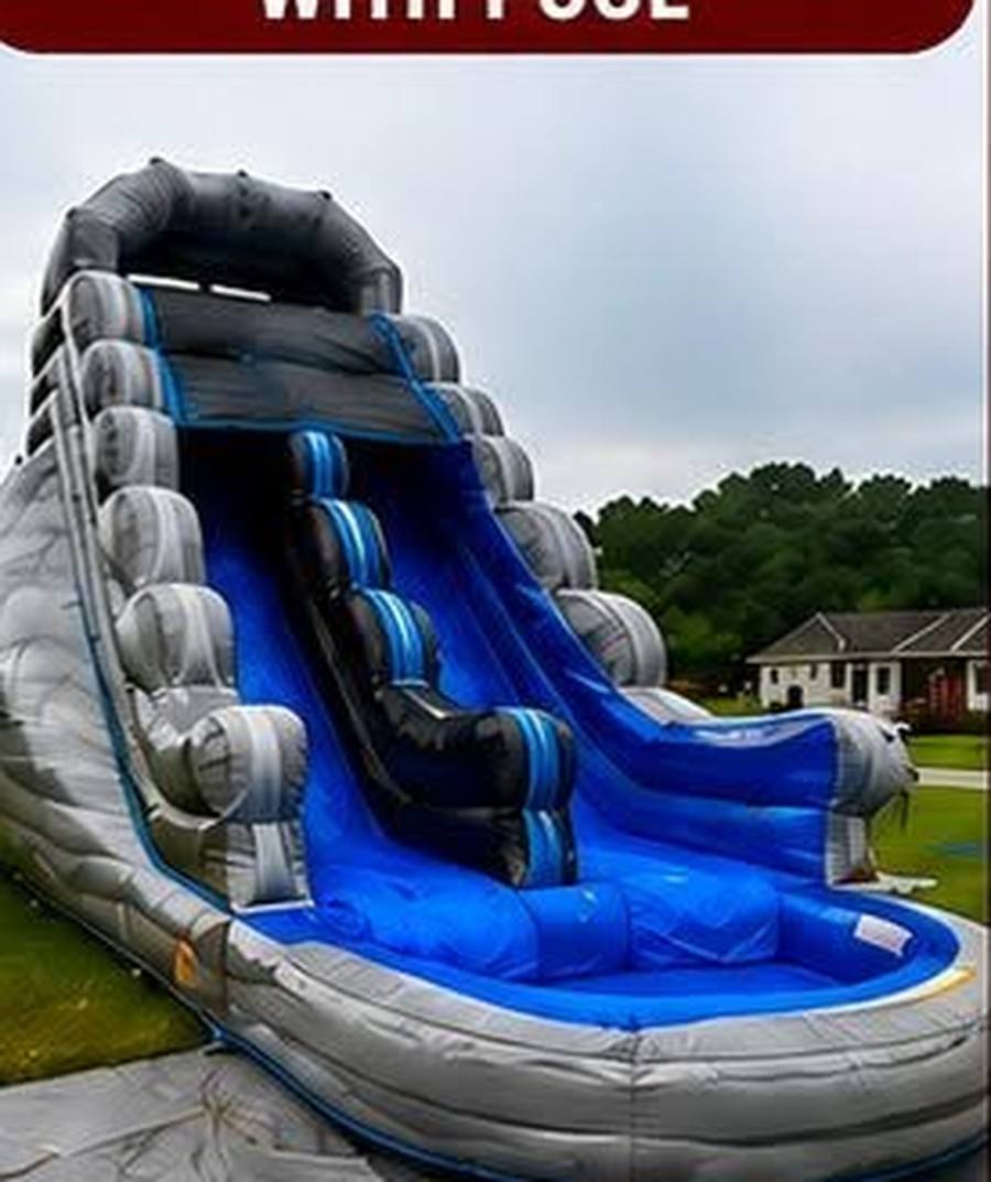 Wild Rapids 18ft Waterslide inflatable rental set up on a lawn