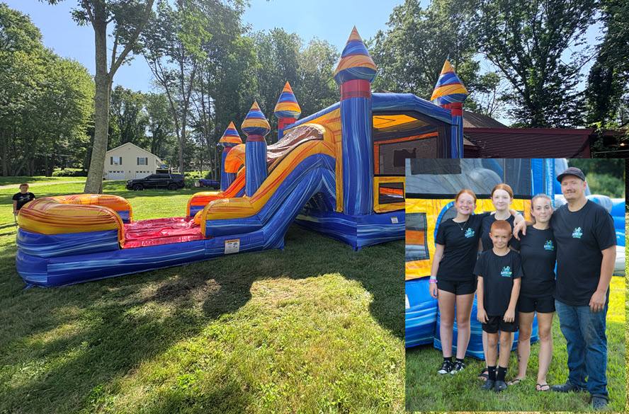 Our family with the castle inflatable set up in a Putnam backyard